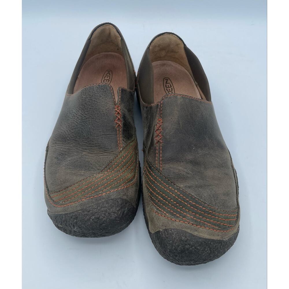 KEEN Women’s Slip On Leather Comfort Shoes Brown Orange Stitch Casual Loafers 9 - Picture 2 of 7